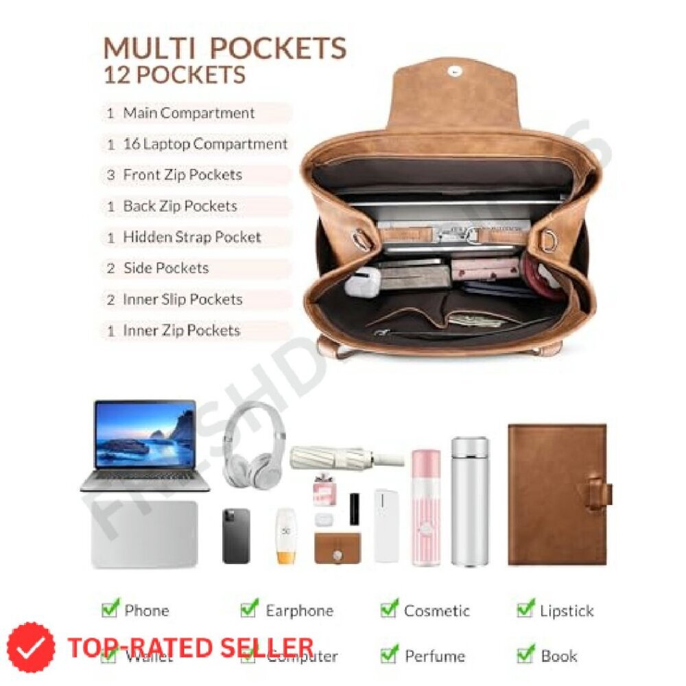 Convertible Leather Laptop Bag Elegant Retro Chic Work Travel Tote Backpack - Picture 6 of 8